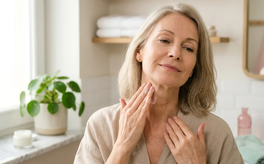 Femme appliquant une crème pour retendre la peau du cou, soin anti-âge naturel.
