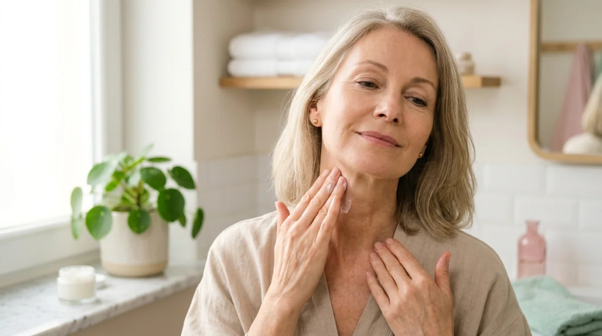 Femme appliquant une crème pour retendre la peau du cou, soin anti-âge naturel.