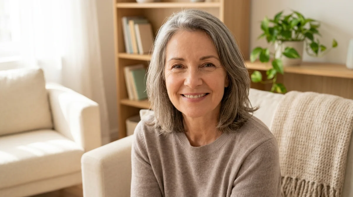 Femme d'âge mûr souriante, peau visiblement retendue et ferme, dans un salon lumineux.