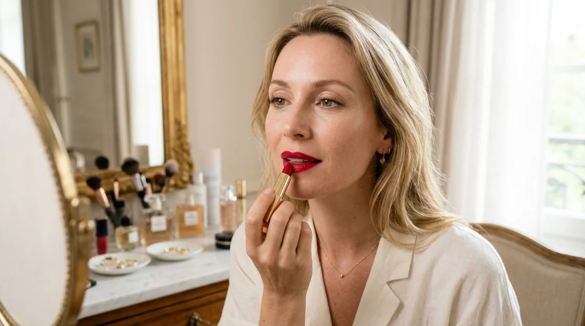 Femme peau claire appliquant un rouge à lèvres vif dans un boudoir lumineux