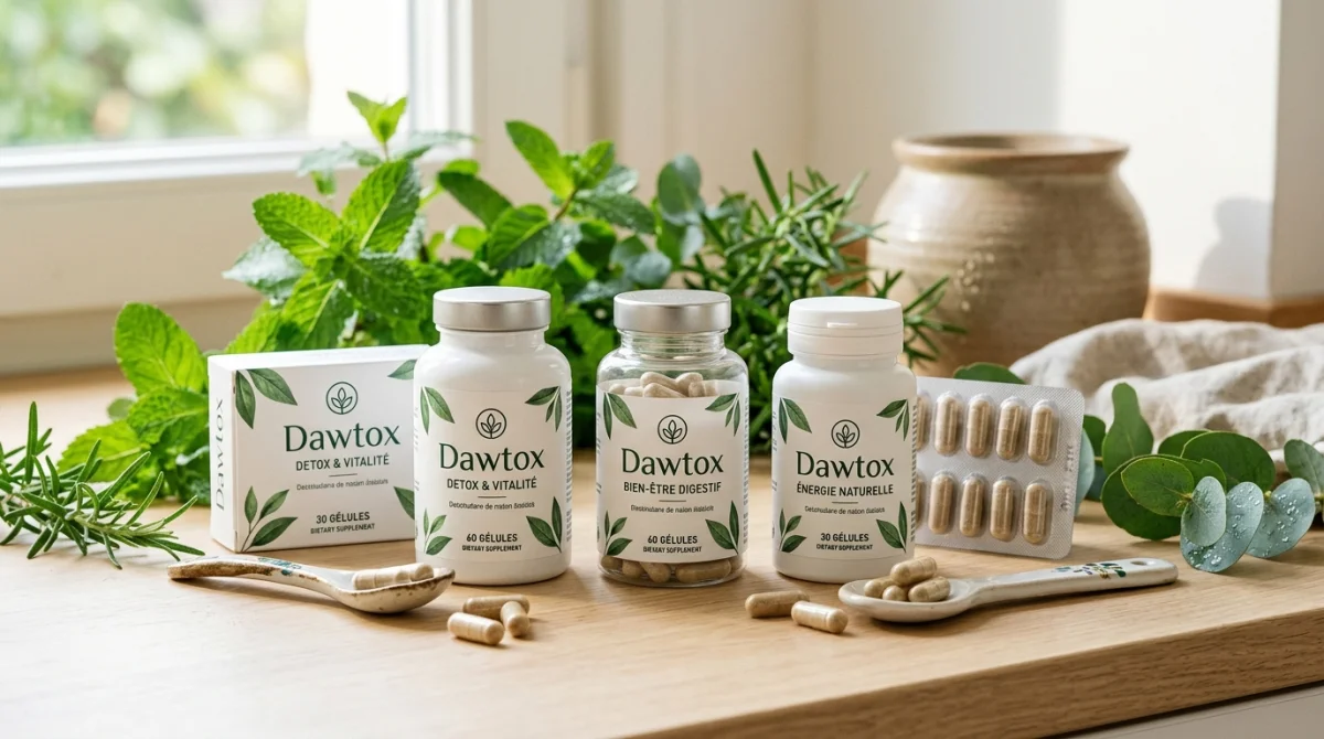 Flacons et gélules de compléments alimentaires Dawtox disposés sur un support en bois avec des plantes médicinales.