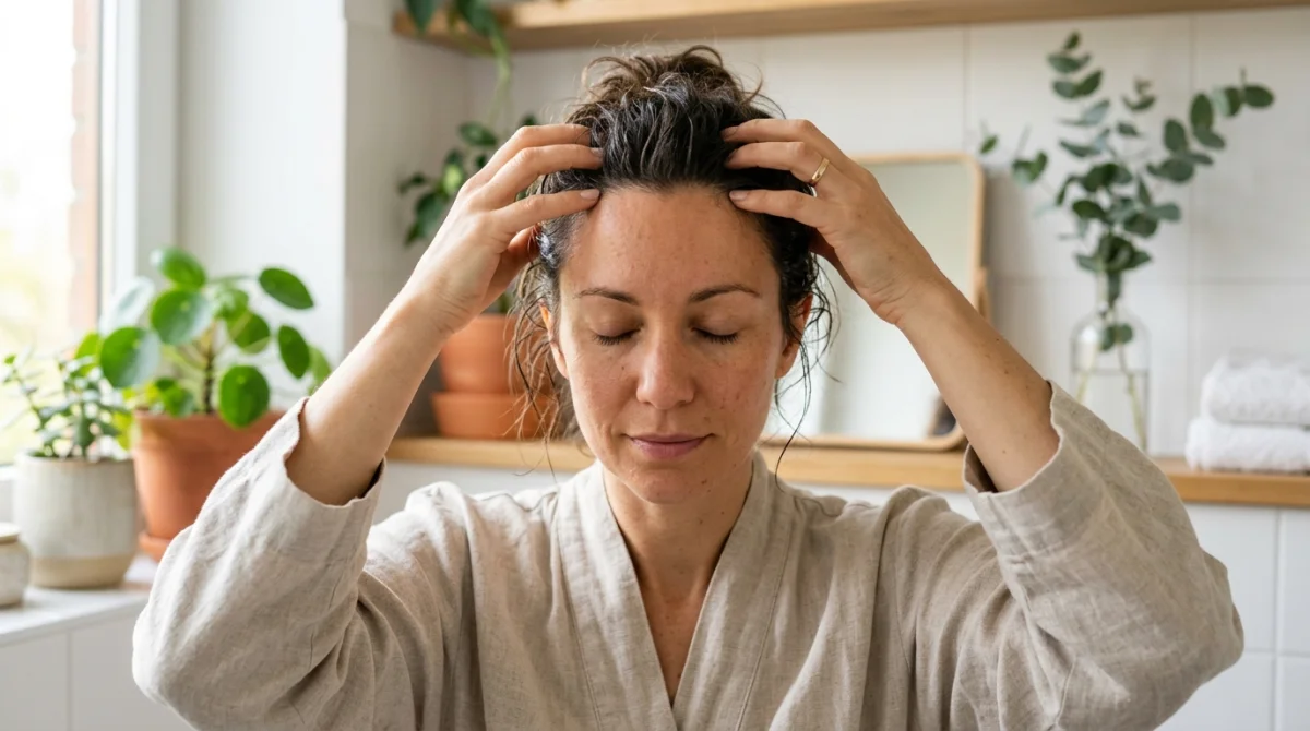 Personne pratiquant un massage doux du cuir chevelu pour expliquer comment faire un gommage capillaire naturel.