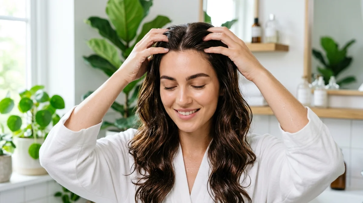 Femme massant délicatement son cuir chevelu pour un soin exfoliant naturel dans une salle de bain lumineuse.