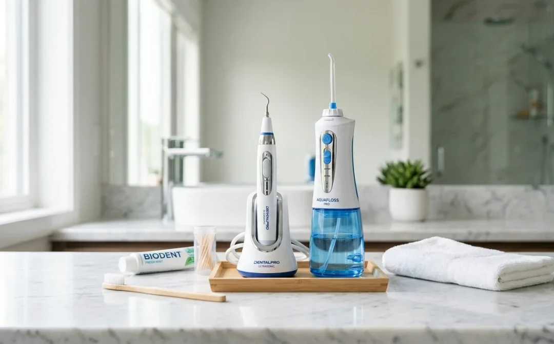 Kit d'hygiène dentaire professionnel avec détartreur et hydropulseur dans une salle de bain moderne, idéal pour les avis Dentica.