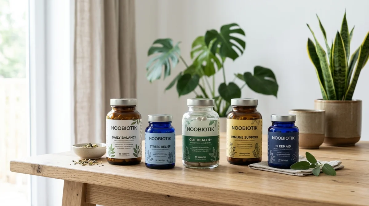 Assortiment élégant de flacons de probiotiques Noobiotik sur une table en bois pour notre avis complet.
