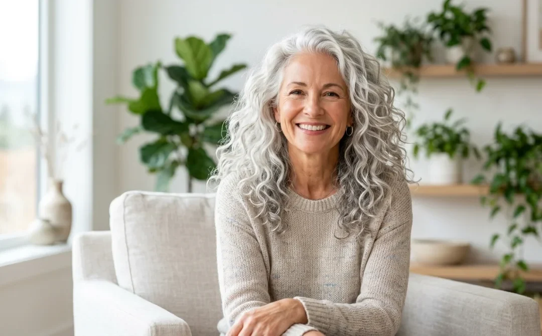 Portrait d'une femme épanouie aux cheveux argentés brillants et naturels pour un avis sur Cendrée Haircare.