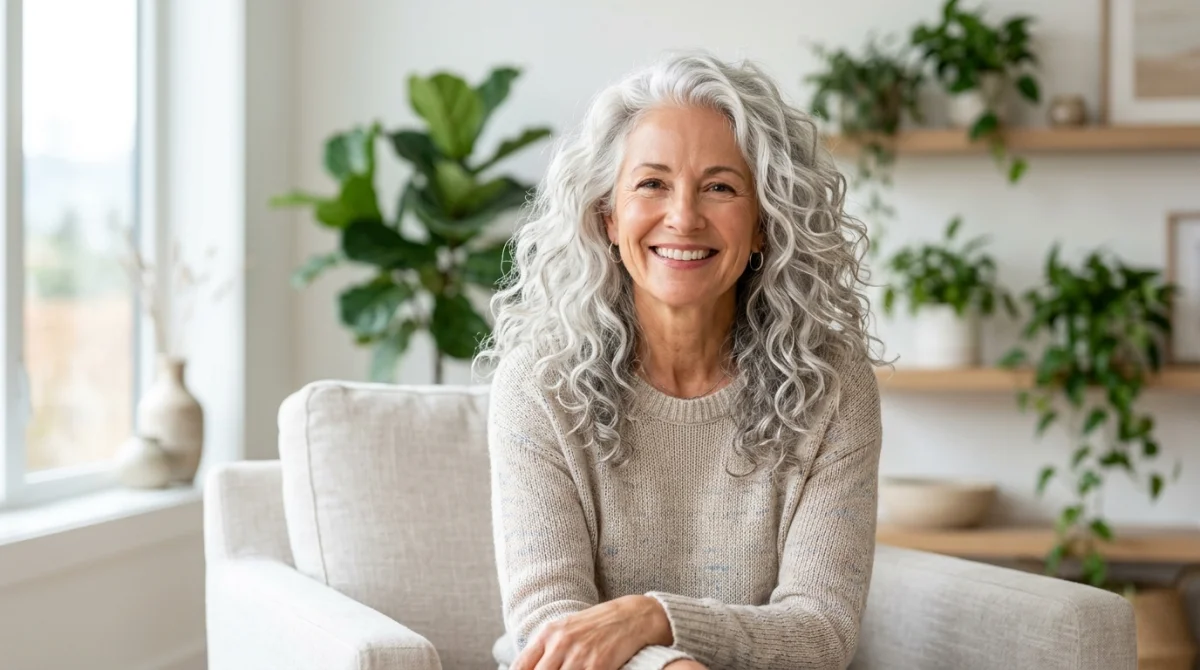 Portrait d'une femme épanouie aux cheveux argentés brillants et naturels pour un avis sur Cendrée Haircare.