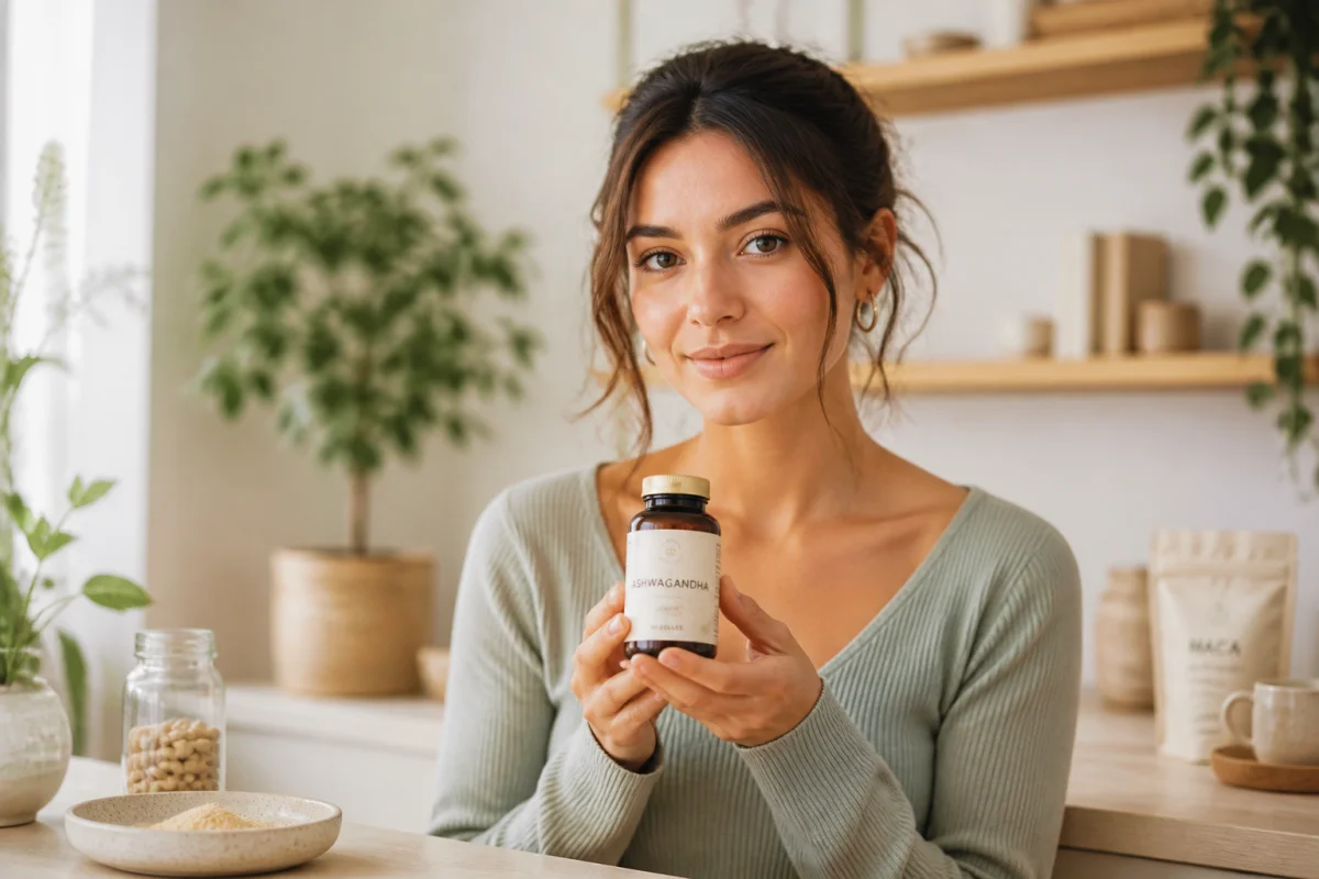 Femme sereine tenant un flacon de compléments Hygée dans un intérieur lumineux pour illustrer les avis clients Trustpilot.