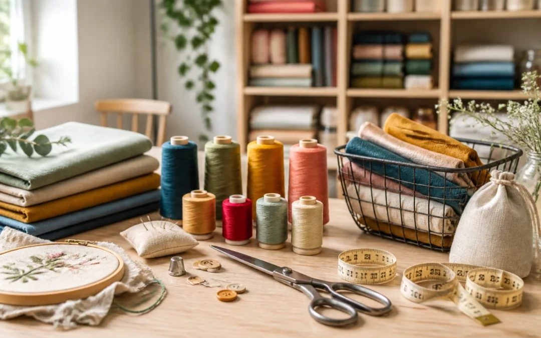 Matériel de couture artisanal sur une table en bois pour illustrer les avis sur Les Ateliers Léonie.