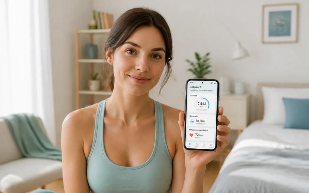 Femme sereine utilisant l'application Perifit sur son smartphone pour le suivi de sa rééducation périnéale à domicile.