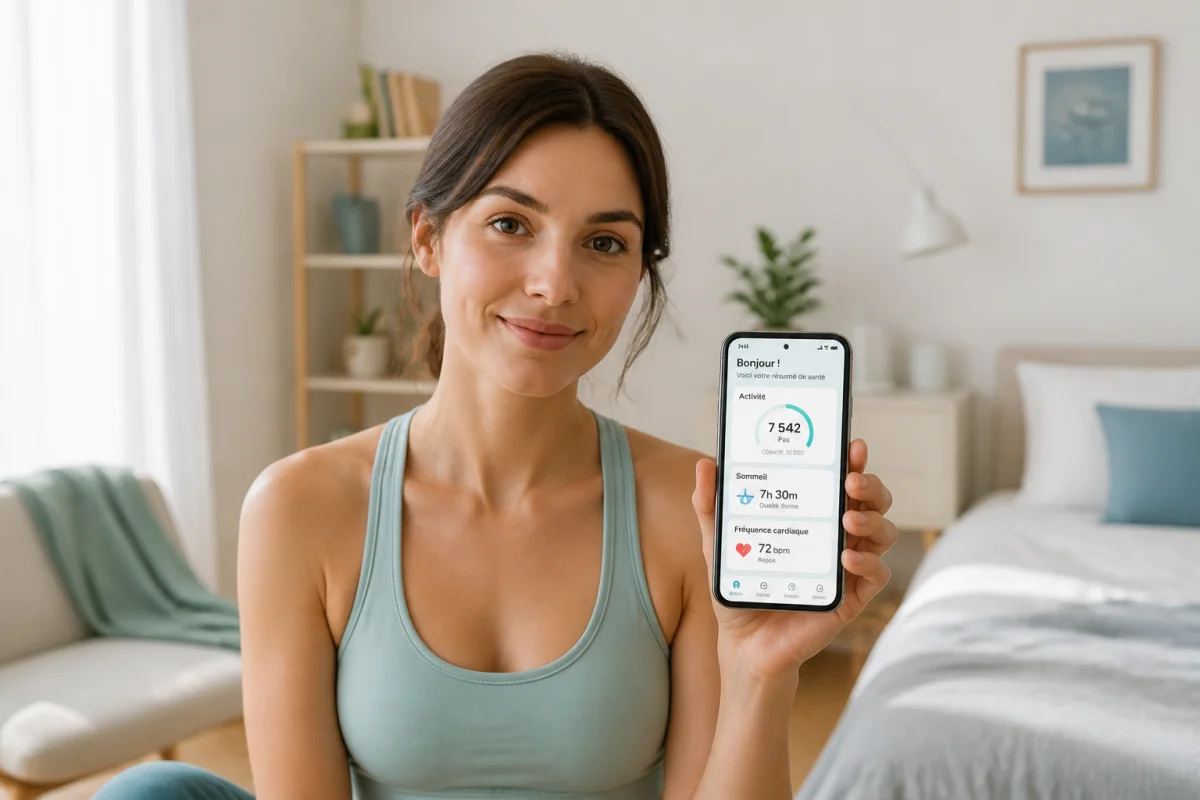 Femme sereine utilisant l'application Perifit sur son smartphone pour le suivi de sa rééducation périnéale à domicile.