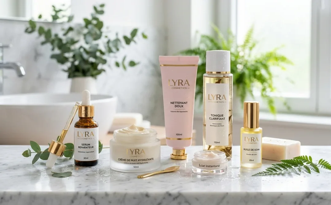 Produits de soin Lyra Cosmetics élégamment disposés sur un marbre clair, illustrant notre avis sur Lyra Cosmetics.