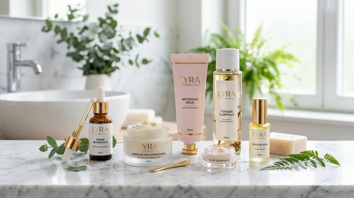 Produits de soin Lyra Cosmetics élégamment disposés sur un marbre clair, illustrant notre avis sur Lyra Cosmetics.