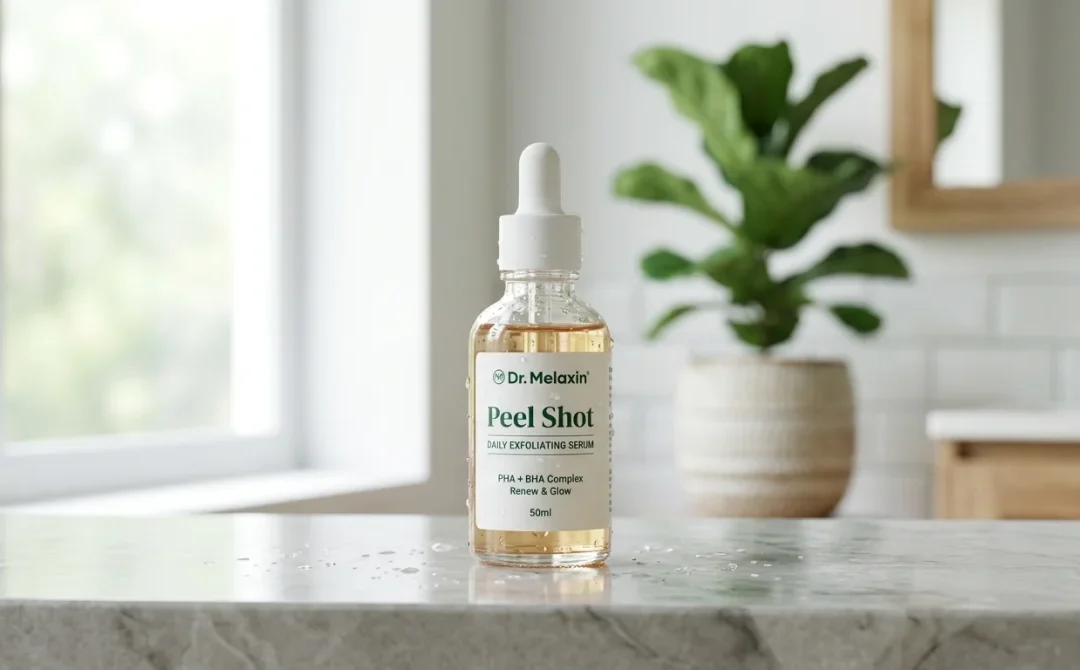 Flacon de Pure Korean Exfoliant Dr. Melaxin posé sur une pierre polie dans une salle de bain minimaliste.