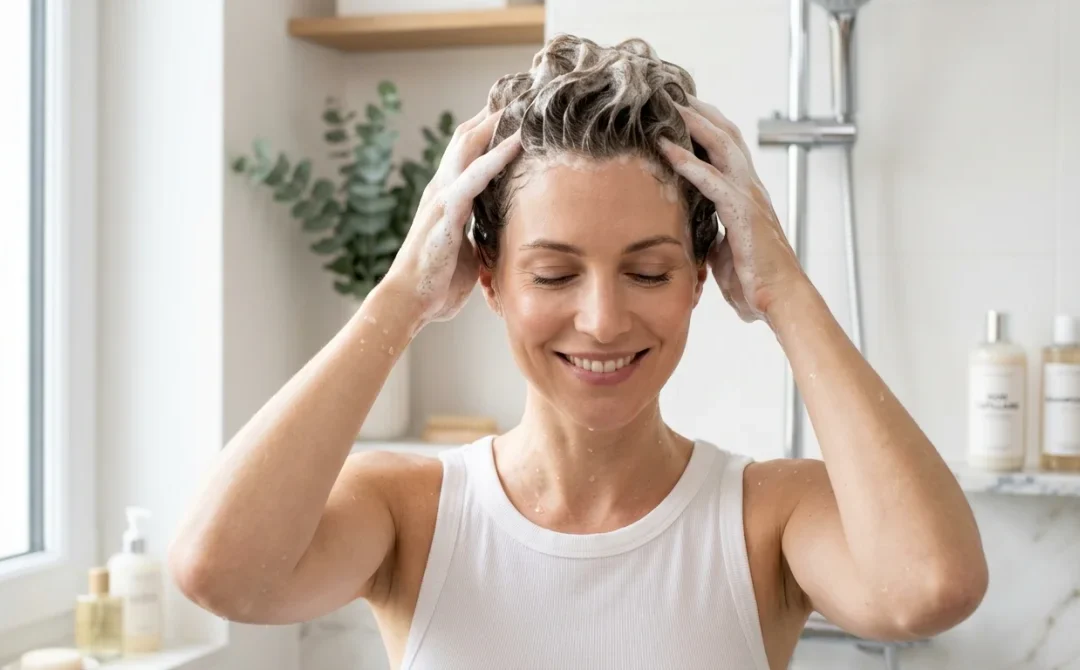 Femme utilisant la mousse onctueuse du shampoing Novara pour un soin capillaire relaxant dans une salle de bain moderne.