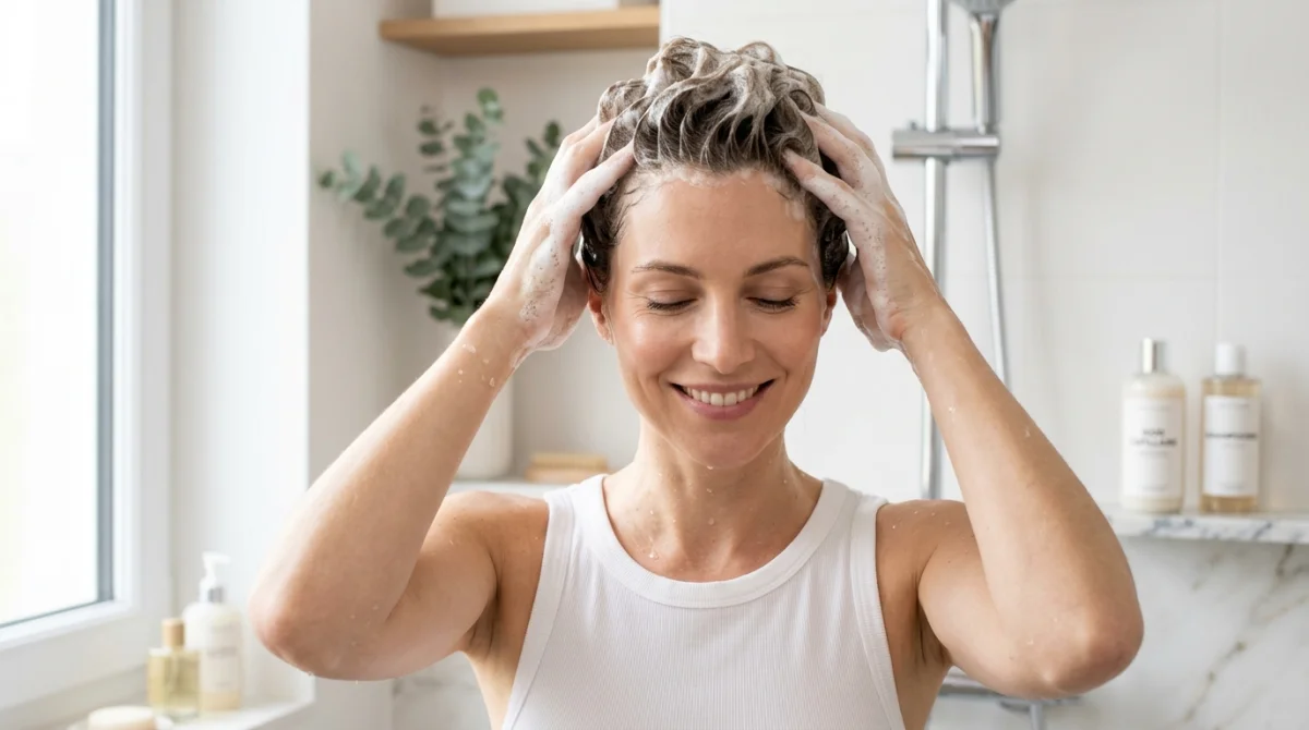 Femme utilisant la mousse onctueuse du shampoing Novara pour un soin capillaire relaxant dans une salle de bain moderne.