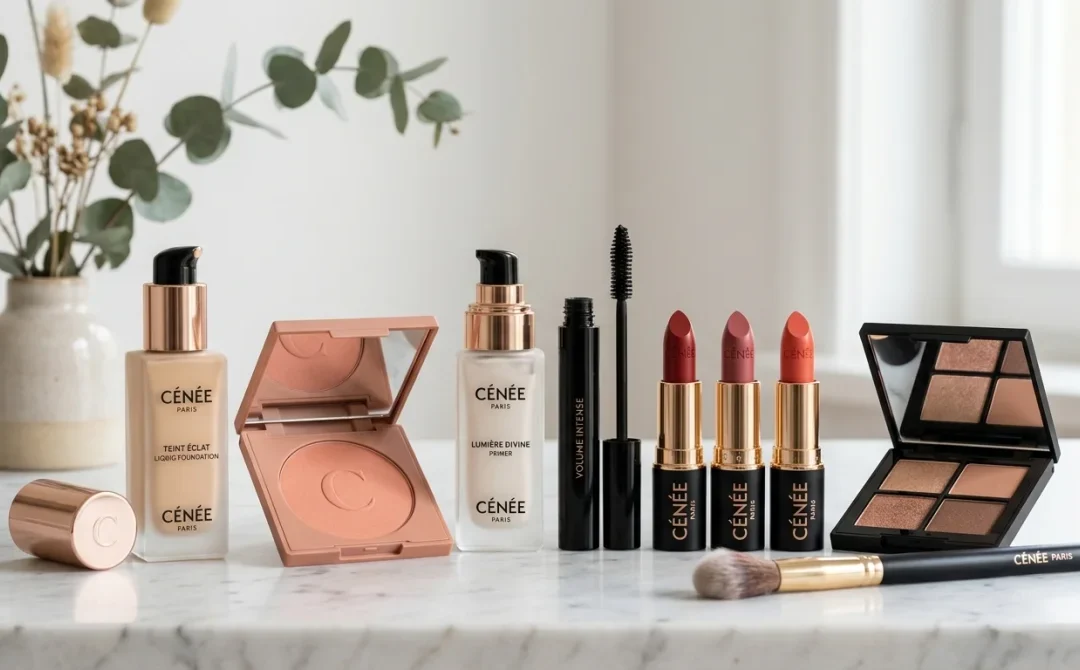 Gamme de produits de maquillage Cénée Paris élégamment disposée sur un marbre clair, idéal pour vos avis clients.