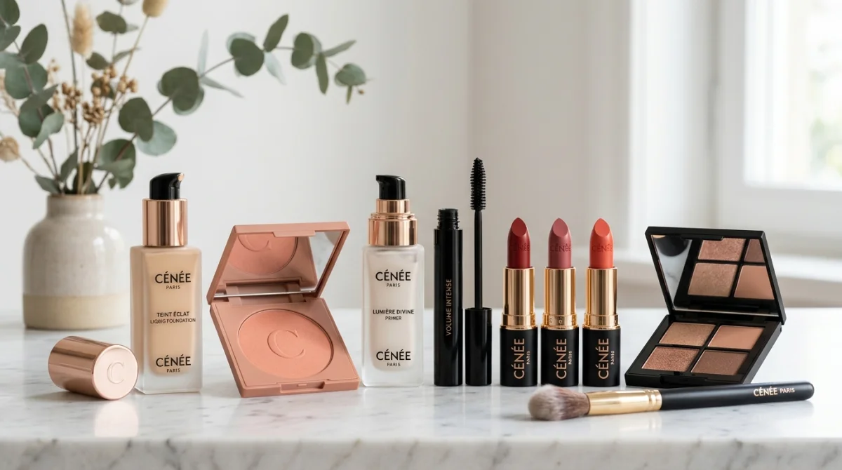 Gamme de produits de maquillage Cénée Paris élégamment disposée sur un marbre clair, idéal pour vos avis clients.