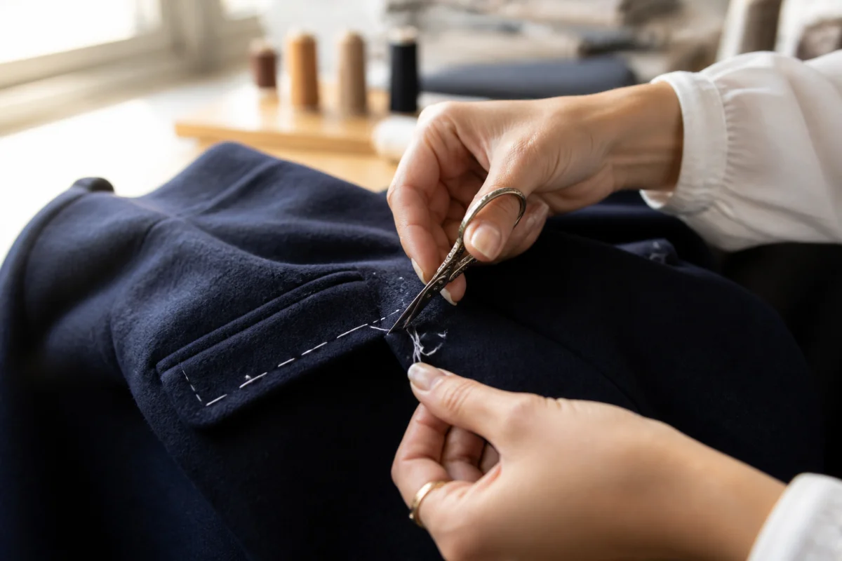 Mains utilisant des ciseaux pour découdre délicatement le fil de maintien d'une poche de manteau en laine.