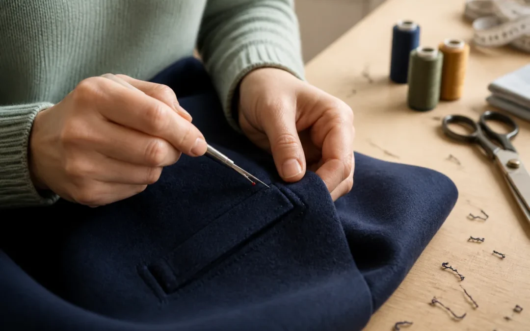 Mains utilisant un découd-vite pour ouvrir délicatement la couture d'une poche de manteau, illustrant s'il faut découdre les poches.
