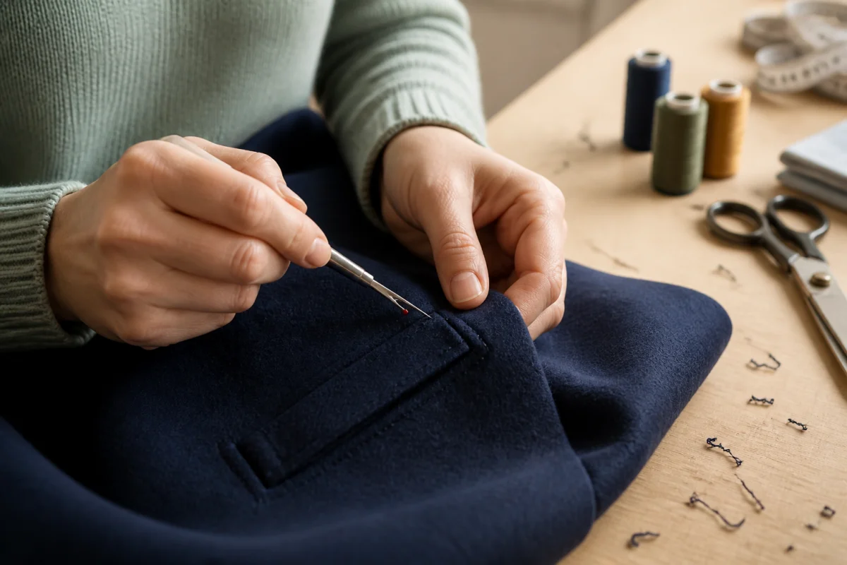 Mains utilisant un découd-vite pour ouvrir délicatement la couture d'une poche de manteau, illustrant s'il faut découdre les poches.