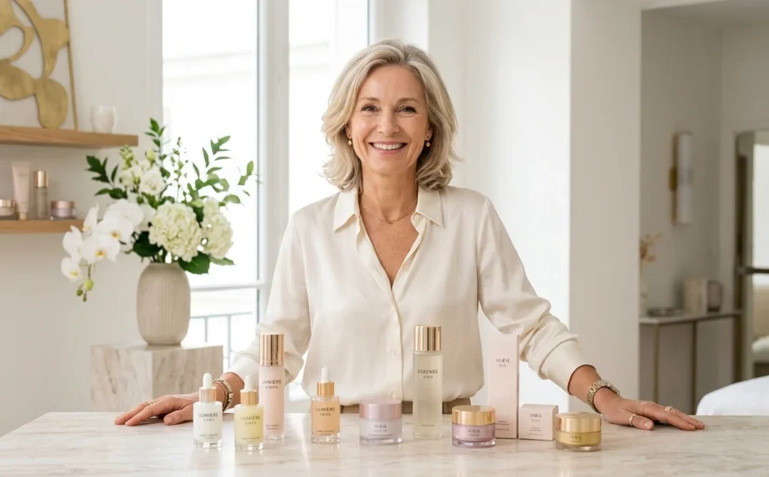 Fondatrice rayonnante d'Eline Paris présentant des produits de beauté coréens haut de gamme dans un institut minimaliste.