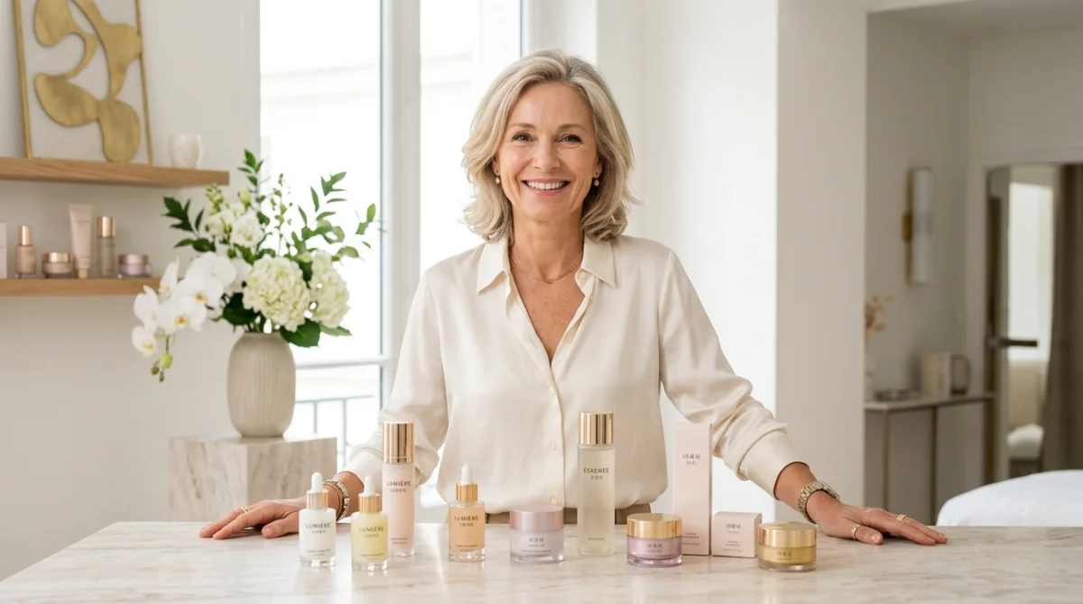 Fondatrice rayonnante d'Eline Paris présentant des produits de beauté coréens haut de gamme dans un institut minimaliste.