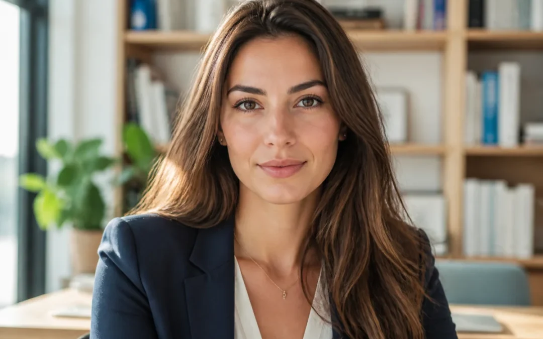 Portrait professionnel de Nina Fam, une jeune femme de 29 ans posant dans un bureau lumineux et contemporain.