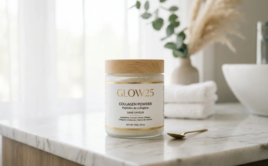 Pot élégant de collagène en poudre Glow25 posé sur un marbre clair, idéal pour un avis bien-être complet.