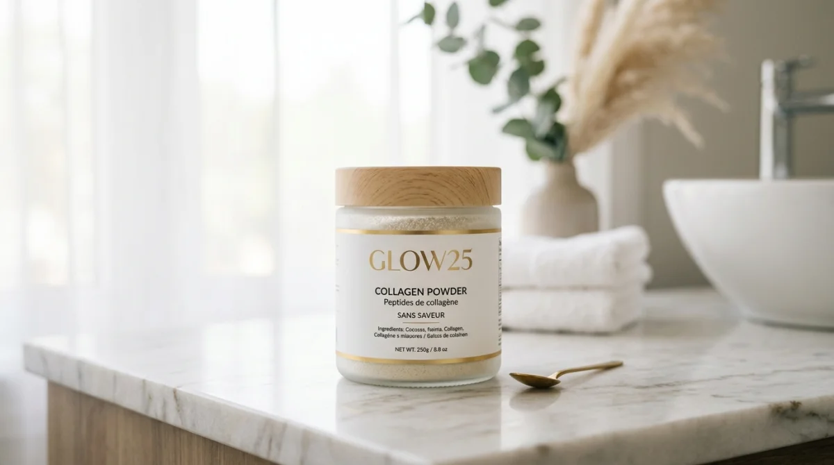 Pot élégant de collagène en poudre Glow25 posé sur un marbre clair, idéal pour un avis bien-être complet.