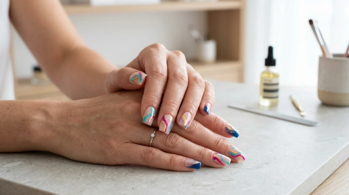 Mains élégantes portant des press-on nails sophistiqués, illustrant la qualité des prestations Roxy Nails avis.