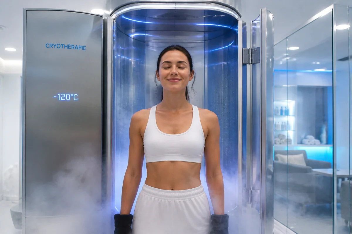 Athlète serein dans une cabine de cryothérapie moderne pour expliquer ce qu'est la cryothérapie et ses bienfaits.