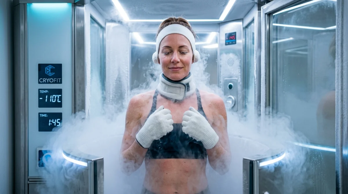 Personne recevant un soin de cryothérapie dans une cabine moderne entourée de vapeur d'azote pour illustrer les dangers.