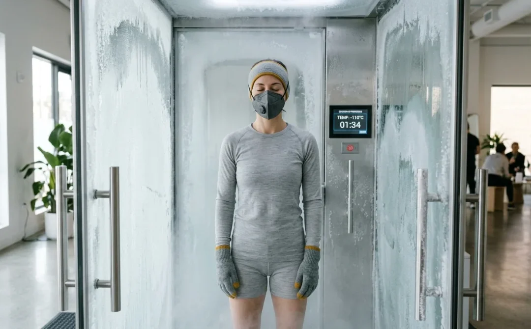 Personne en séance de cryothérapie sécurisée dans une cabine haute technologie pour illustrer les risques et bienfaits.