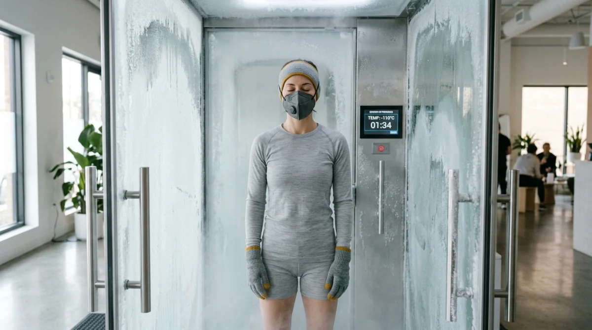 Personne en séance de cryothérapie sécurisée dans une cabine haute technologie pour illustrer les risques et bienfaits.