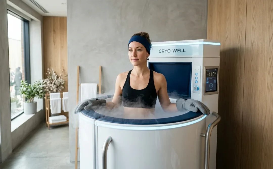 Personne en séance de cryothérapie dans une cabine moderne, illustrant les bienfaits de la température glacée pour le bien-être.