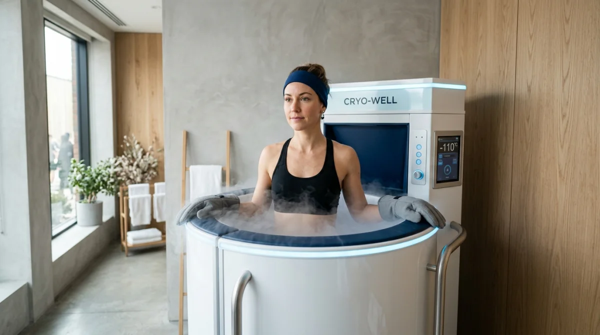 Personne en séance de cryothérapie dans une cabine moderne, illustrant les bienfaits de la température glacée pour le bien-être.