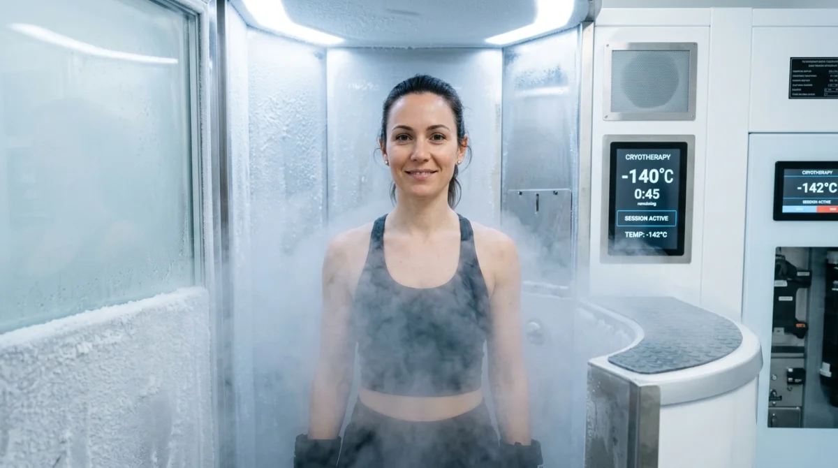 Personne sereine en séance de cryothérapie dans une cabine moderne diffusant une brume froide revitalisante.