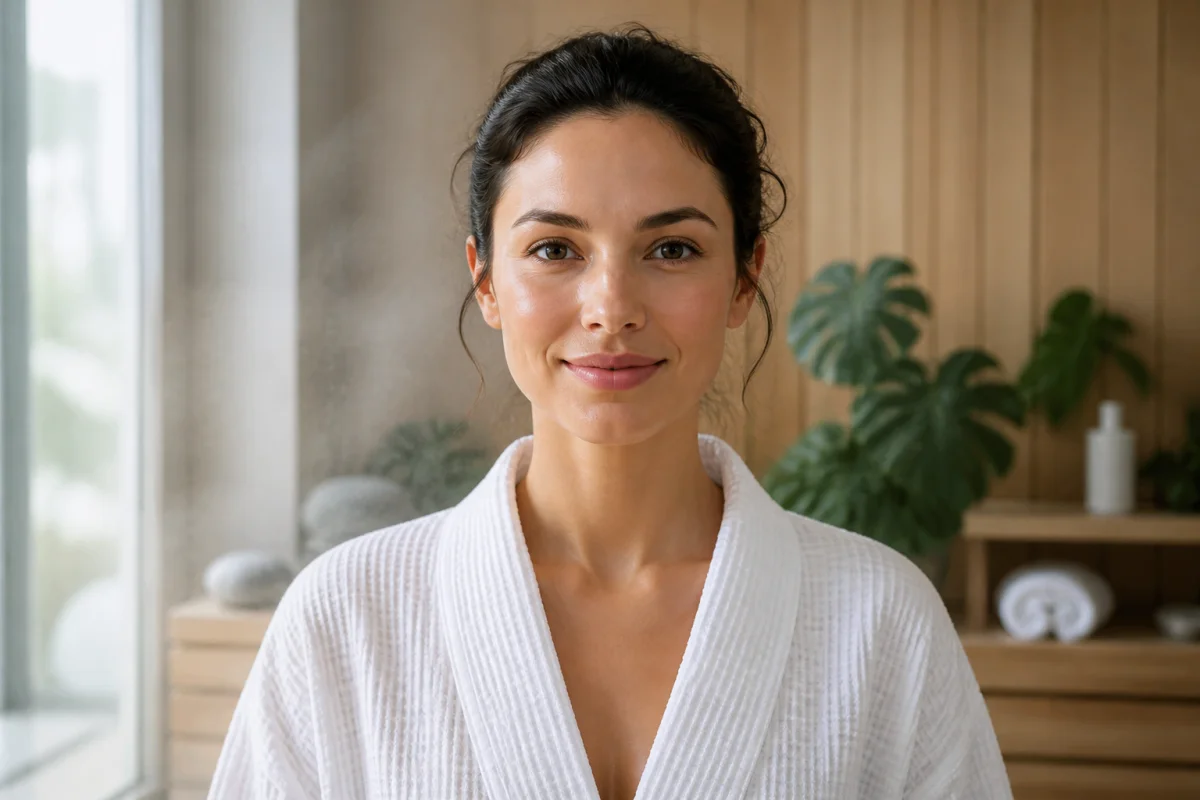 Femme sereine au teint éclatant dans un spa moderne, illustrant les bienfaits revitalisants de la cryothérapie.