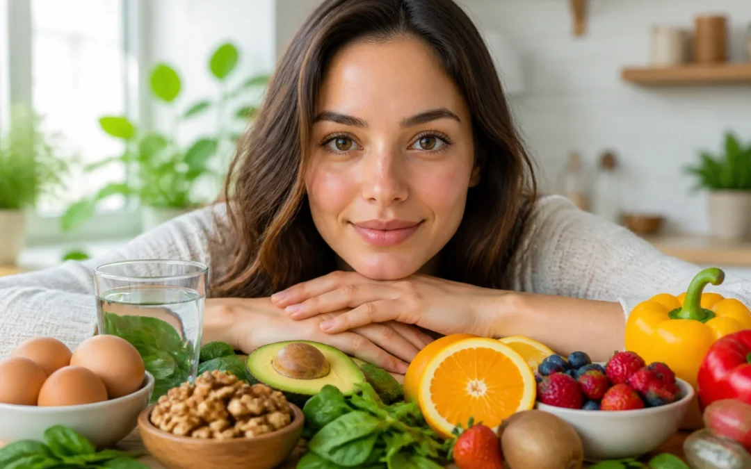 Femme au regard naturel et cils longs entourée d’aliments riches en vitamines pour faire pousser les cils naturellement