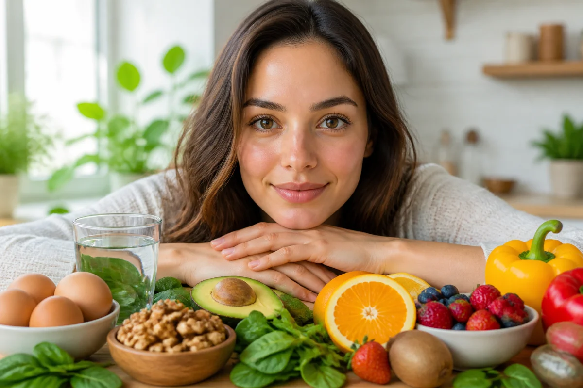 Femme au regard naturel et cils longs entourée d’aliments riches en vitamines pour faire pousser les cils naturellement