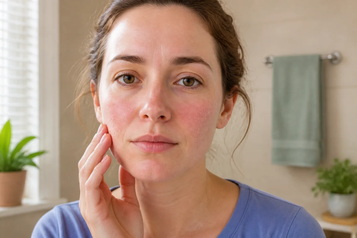 Comment savoir si on a la peau sensible : visage présentant rougeurs légères et zones sèches dans une salle de bain lumineuse