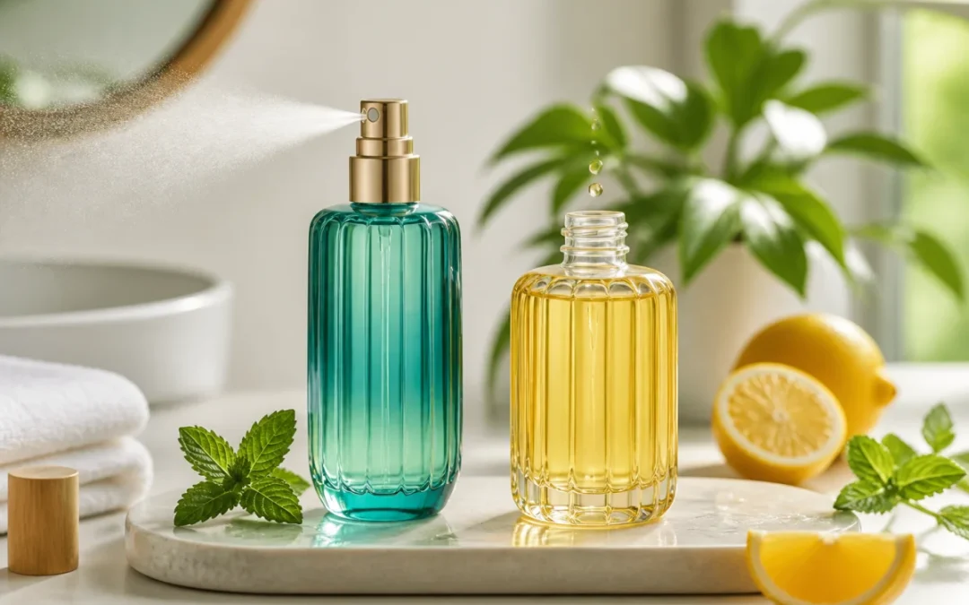 Deux flacons de soin parfumant dynamisant, spray et splash, présentés dans une salle de bain lumineuse avec agrumes frais