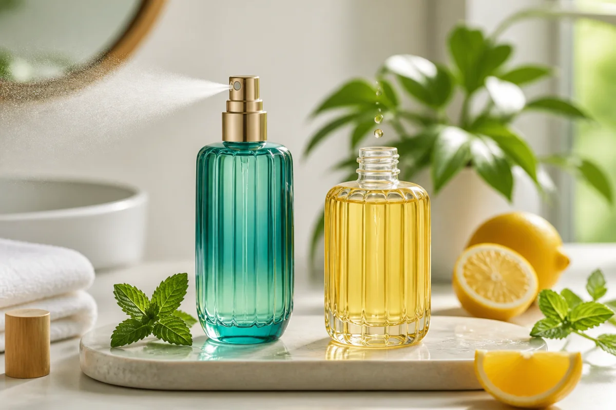 Deux flacons de soin parfumant dynamisant, spray et splash, présentés dans une salle de bain lumineuse avec agrumes frais