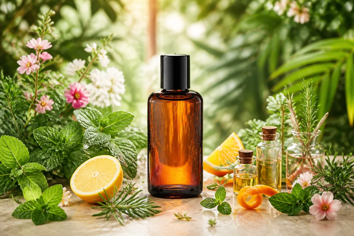 Flacon de soin parfumant Eau Dynamisante Clarins entouré de plantes aromatiques, agrumes et fioles d’huiles essentielles dans un jardin luxuriant
