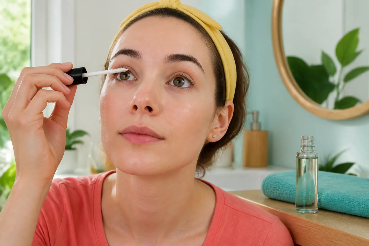 Femme appliquant délicatement un sérum naturel sur ses cils pour les faire pousser dans une salle de bain lumineuse