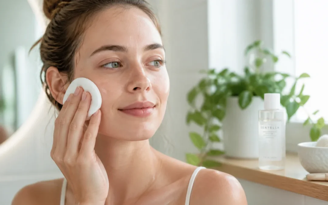 Jeune femme se nettoyant le visage avec un coton, illustrant s'il faut rincer l'eau micellaire après le démaquillage.