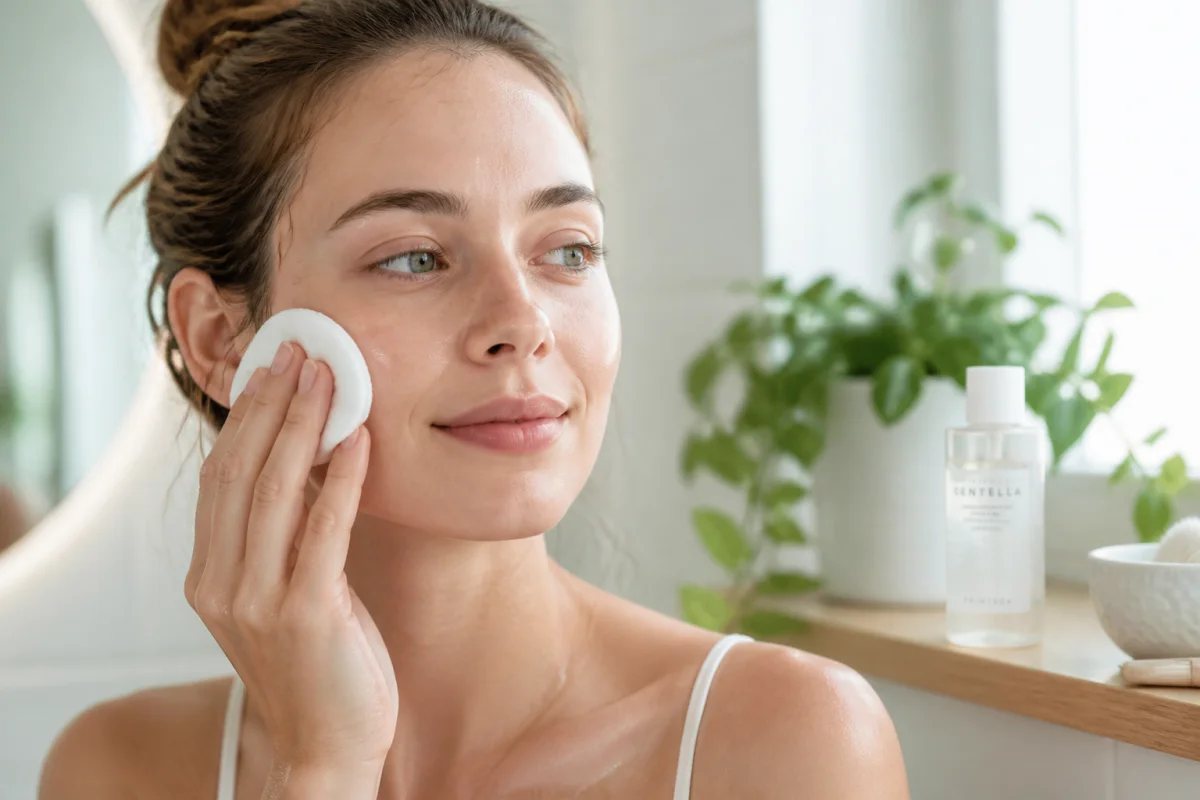 Jeune femme se nettoyant le visage avec un coton, illustrant s'il faut rincer l'eau micellaire après le démaquillage.