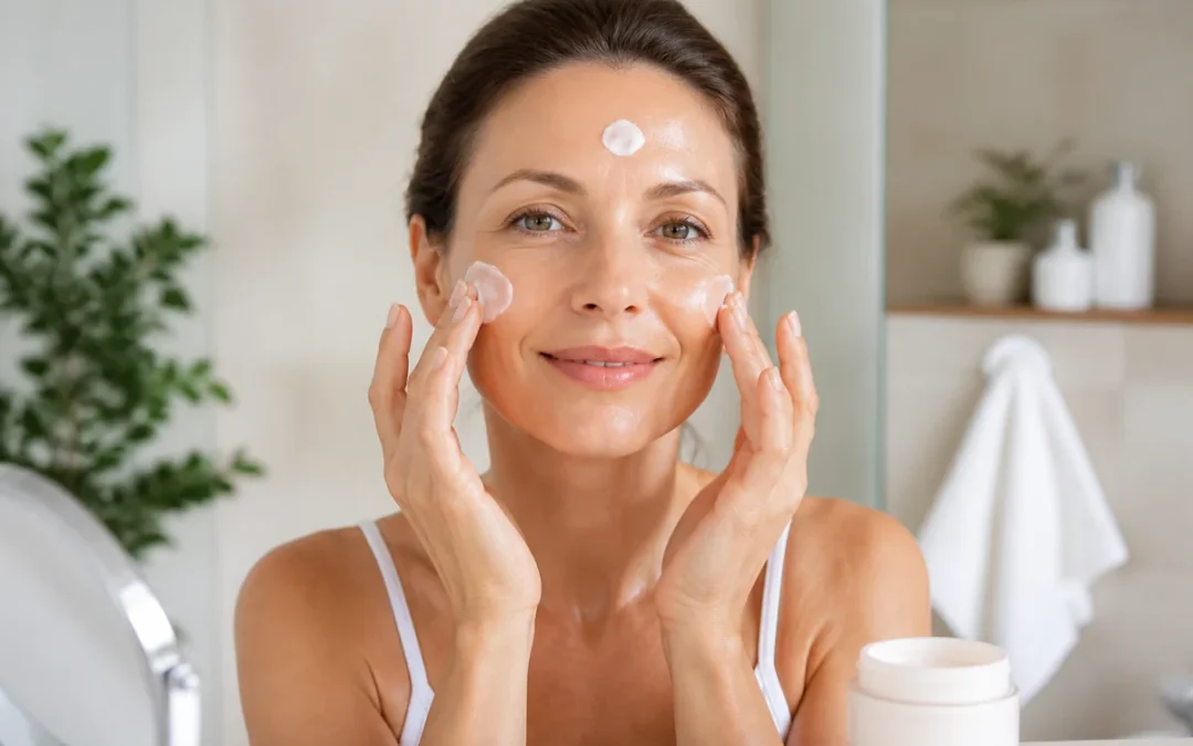 Femme appliquant délicatement une crème anti-âge sur son visage dans une salle de bain lumineuse et épurée