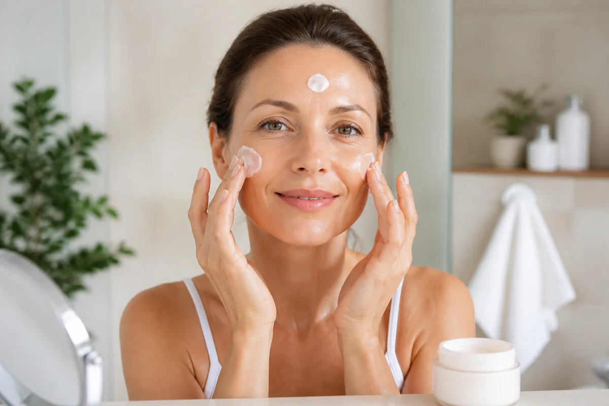 Femme appliquant délicatement une crème anti-âge sur son visage dans une salle de bain lumineuse et épurée